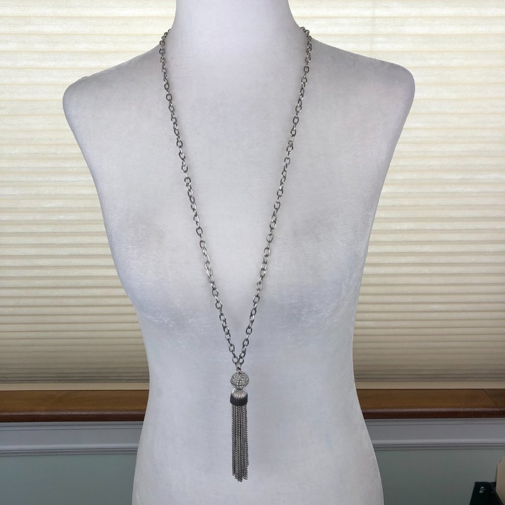 Vintage NY & Co Silver Tone Tassel Statement Necklace Glamcore Y2K  90’s Sparkly
